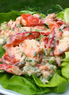 lettuce and lobster salad on a white plate