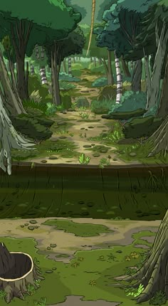 an image of a forest scene with trees and dirt path in the foreground, surrounded by green grass