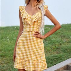 Brand New Yellow Gingham Dress Perfect Condition Never Worn Zipper Back With Open Back And Bow Detail Ruffle Sleeves Perfect For Summer Yellow Gingham Outfit, Yellow Gingham Dress, Sleeveless Gingham Dress With Tie Back, Summer Gingham Plaid Dress With V-neck, Beach Gingham V-neck Dress, Shein Dress, Open Back Dresses, Dresses Backless, Gingham Dress