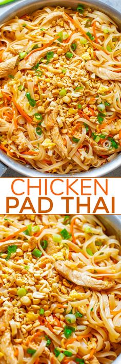 chicken pad thai noodles in a pan with carrots and green onions