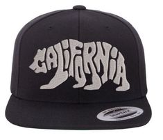 the california bear snapback hat is black and white with an embroidered california bear on it