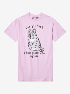 We can relate to this shirt! It is pastel pink with a graphic of a cat with a funny mouth  and text reading "Sorry I can't  I have plans with my cat."100% cottonWash cold; dry lowImportedListed in men'sunisex sizes Funny Pink T-shirt With Slogan, Pink Funny Print T-shirt, Pink Funny Graphic Print T-shirt, Funny Pink T-shirt For Streetwear, Pink Cat Print Graphic Tee, Funny Pink Streetwear T-shirt, Pink Graphic Tee With Cat Print, Trendy Pink Cat Print T-shirt, Casual Pink T-shirt With Cat Print