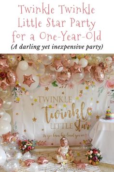 twinkie twinkle little star party for a one - year - old with pink and gold balloons