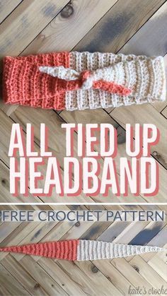 two knitted headbands with the words, all tied up in red and white