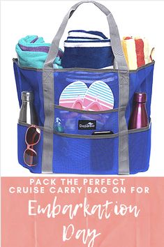 a blue and gray bag with the words, pack the perfect cruise carry bag on for eu