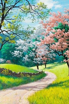 a painting of a dirt road in the middle of a field with trees and flowers