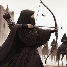 a woman dressed in black is holding a bow and arrow with other people behind her