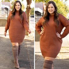 We know this dress is made for you! This dress is so versatile that could easily transition from day to date night! It is comfortable for all day wear and sure to flatter every figure. Pair this dress with a chic pair of booties or heels for an effortlessly fab look! 58% Viscose, 27% Spandex, 15% Nylon Casual Knee-length Mini Dress For Fall, Casual Brown Dress For Fall, Casual Brown Fall Dress, Brown Winter Dresses For Day Out, Oversized Brown Dress For Winter, Brown Knee-length Midi Dress For Fall, Brown Mini Dress For Date Night In Fall, Casual Brown Midi Dress For Fall, Casual Brown Knee-length Sweater Dress