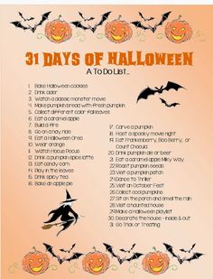 the 31 days of halloween poster with pumpkins and bats on it's side