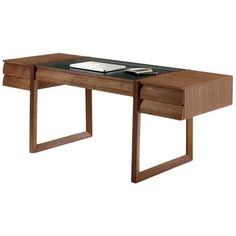 a wooden desk with a glass top and metal legs