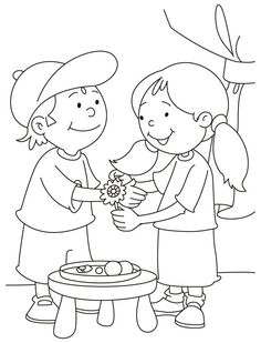 two children are handing flowers to each other in front of a table with a cake on it