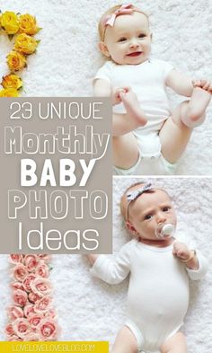 a baby laying on top of a white rug next to flowers and the words 29 unique mommy baby photo ideas