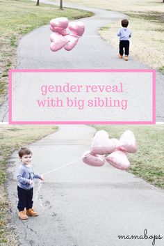 a little boy holding onto some pink balloons with the words gender reveal with big sibling