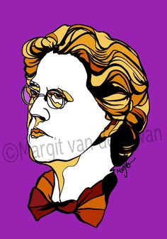 a painting of a woman with glasses and a bow tie on her head, against a purple background