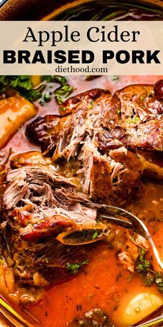 an apple cider braised pork stew is shown in a bowl with a spoon