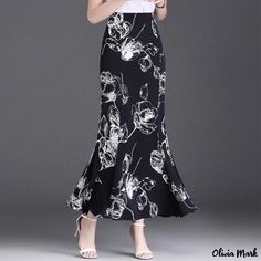 Olivia Mark - Monochrome Floral Print High-waisted Mermaid Skirt with Elegant Ruffle Hem Spring Flared Ruffled Skirt, Spring Flare Ruffled Skirt, Spring Ruffled Flare Skirt, Elegant Flare Maxi Skirt For Spring, Fitted Flare Maxi Skirt For Spring, Split Legs, Fishtail Skirt, Mermaid Skirt, Vintage Floral Print