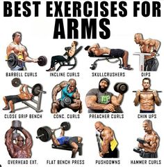 the best exercises for arms are shown in this poster, which includes an image of a man