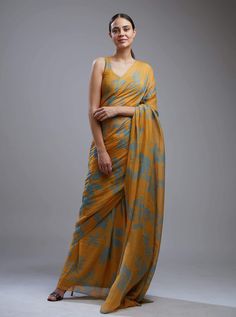 Koai-Yellow & Blue Floral Saree With Blouse-INDIASPOPUP.COM Blue Floral Saree, Floral Saree, Saree With Blouse, Yellow And Blue, Blue Fabric, Yellow Blue, Silk Satin, Evening Wear, Indian Fashion