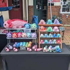 there are many stuffed animals on display at the table with other items in front of it