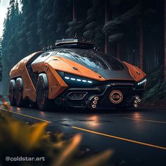 an orange and black futuristic vehicle driving down a road in the woods with trees on both sides