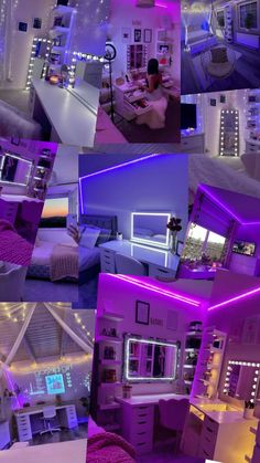 this is a collage of photos with purple lighting in the bedroom and living room