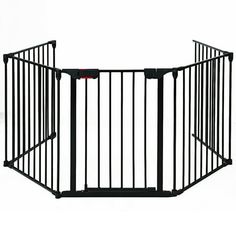 a black metal dog gate on a white background