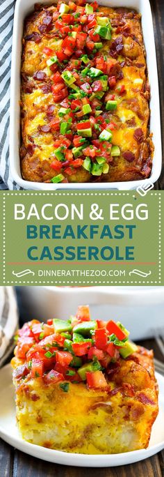 bacon and egg breakfast casserole on a white plate with the title above it