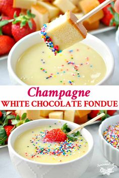 champagne white chocolate fondue with sprinkles and strawberries in the background