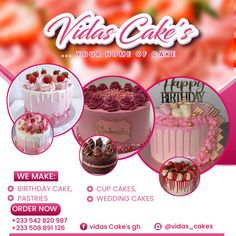 a flyer for a cake shop with images of cakes and cupcakes on it