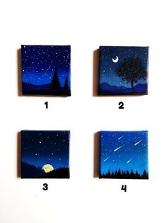 four paintings with stars and trees on them