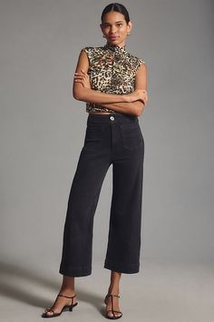 The Colette Denim High-Rise Cropped Wide-Leg Jeans by Maeve Black Cropped Jeans, London Look, Anthropologie Uk, Cropped Wide Leg Jeans, Loose Blouse, Trendy Clothes For Women, Lovely Dresses, Bottom Clothes, Ring Ring