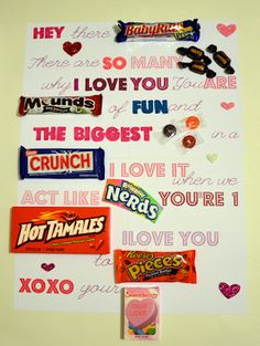 candy bar collage with i love you written on the wall and other candies