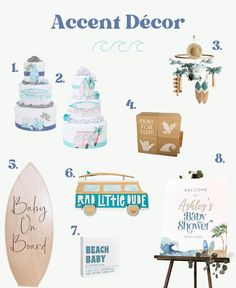 a collage of baby shower items including a surfboard, cake and other decorations