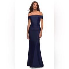 La Femme Dresses | Nwt La Femme 30422 Navy Off The Shoulder Ruched Sheath Full-Length Gown, Size 12 | Color: Blue | Size: 12