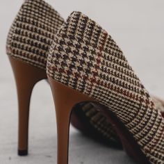 Whiskey Tweed High Heel | Tweed Wool High Heel | Stitched Leather Goods Brown Heels With Rubber Heel Cap For Fall, Classic High Heel Winter Heels, Classic High Heels For Winter, Tailored Tweed Fall Bottoms, Luxury High Heels In Woven Leather, Tweed Heels, Luxury Chic Tweed Bags, Brown Tweed Single-breasted Blazer, Red Interiors