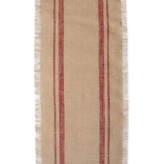 a beige and red striped rug with fringes