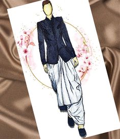 a drawing of a man in a suit and pants with flowers on the back ground