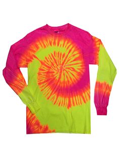 a long - sleeved shirt with a spiral design on the front and back in neon colors