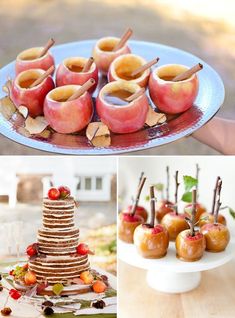 apples are arranged on different plates and decorated with cinnamon sticks, apple slices, and leaves