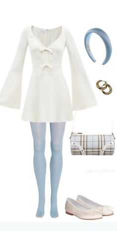 Retro White Dress, 60s Inspired Outfits, 60s Outfit, Outfits 60s, 60s Outfits, Blue Tights, 1960s Outfits, Blue Headband, Priscilla Presley