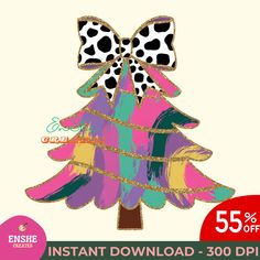 a colorful christmas tree with leopard print bow on it's head and the words instant download