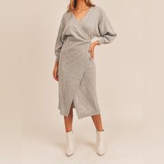 Size S/M. Super Comfy Wrap Dress. Brand New, Never Worn Edgy Cardigan, Sweater Wrap Dress, Motherhood Shoot, Wrap Sweater Dress, Sweater Wrap, Dress Cardigan, Knit Wrap Dress, Grey Midi Dress, Cropped Cardigan Sweater