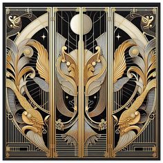 an art deco door with gold and black designs