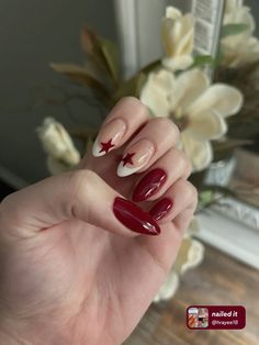 Star Nails French Tip, Nail Design Star, Stargirl Nails, Rockstar Nails, Glossy Nails, Nail Aesthetic, Nails French Tip, Nails Fall Nails, Maroon Nails