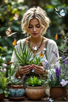 a woman is surrounded by potted plants and butterflies