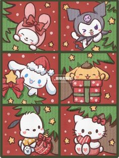 four different pictures of hello kitty and other animals in christmas outfits with presents on them