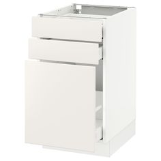 a white cabinet with two drawers on the bottom and an open drawer in the middle