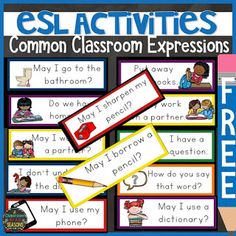 an esl classroom poster with the words, common class expressions and pictures on it