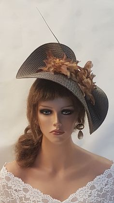 Large Brown Hat Fascinator with long Quill Feather and Flowers, perfect for Royal Ascot, Kentucky Derby, Weddings Goodwood revival, Christening, Ascotor any special occasion. Gorgeous Coffee Brown straw weave Hat fascinator long quill feather and Silk flowers This hat has been made by hand and very light to wear. This hat is designed to be worn tilted on the side of the head with  long Quill feathers and Feather detail for a beautifull Glamorous look. Attachment option: Alice band (BY DEFAULT HE High Crown Fascinator For Church, Formal High Crown Fascinator For Kentucky Derby, Vintage High Crown Fascinator For Party, Vintage Fascinator For Royal Ascot Races, Vintage Headpieces For Royal Ascot Races, High Crown Fascinator For Kentucky Derby And Church, Vintage Kentucky Derby Fascinator For Races, Brimmed Mini Hats For Royal Ascot Vintage Events, High Crown Fascinator For Kentucky Derby Church Events