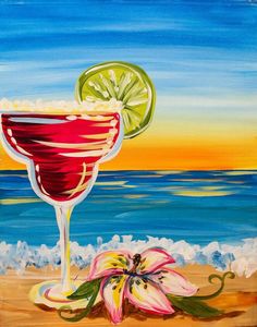 an acrylic painting of a margarita on the beach with a flower and lime slice